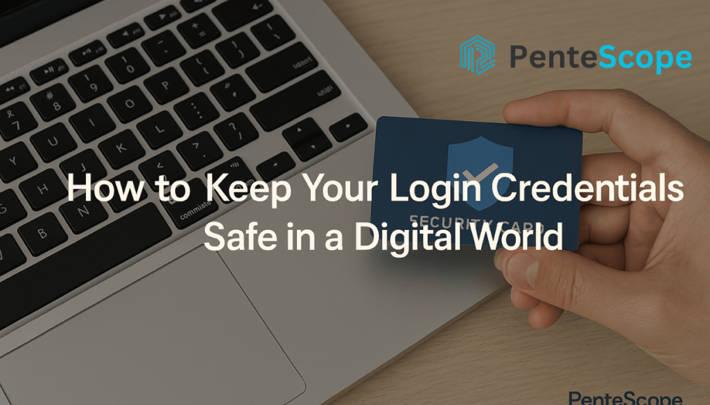 How to Keep Your Login Credentials Safe in a Digital World A person with a blue security card over a laptop keyboard, labeled "Security Card," promoting online credential safety and How to Keep Your Login Credentials Safe by PenteScope.