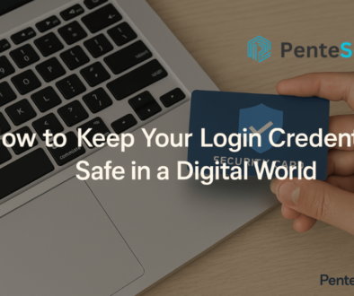 How to Keep Your Login Credentials Safe in a Digital World A person with a blue security card over a laptop keyboard, labeled "Security Card," promoting online credential safety and How to Keep Your Login Credentials Safe by PenteScope.