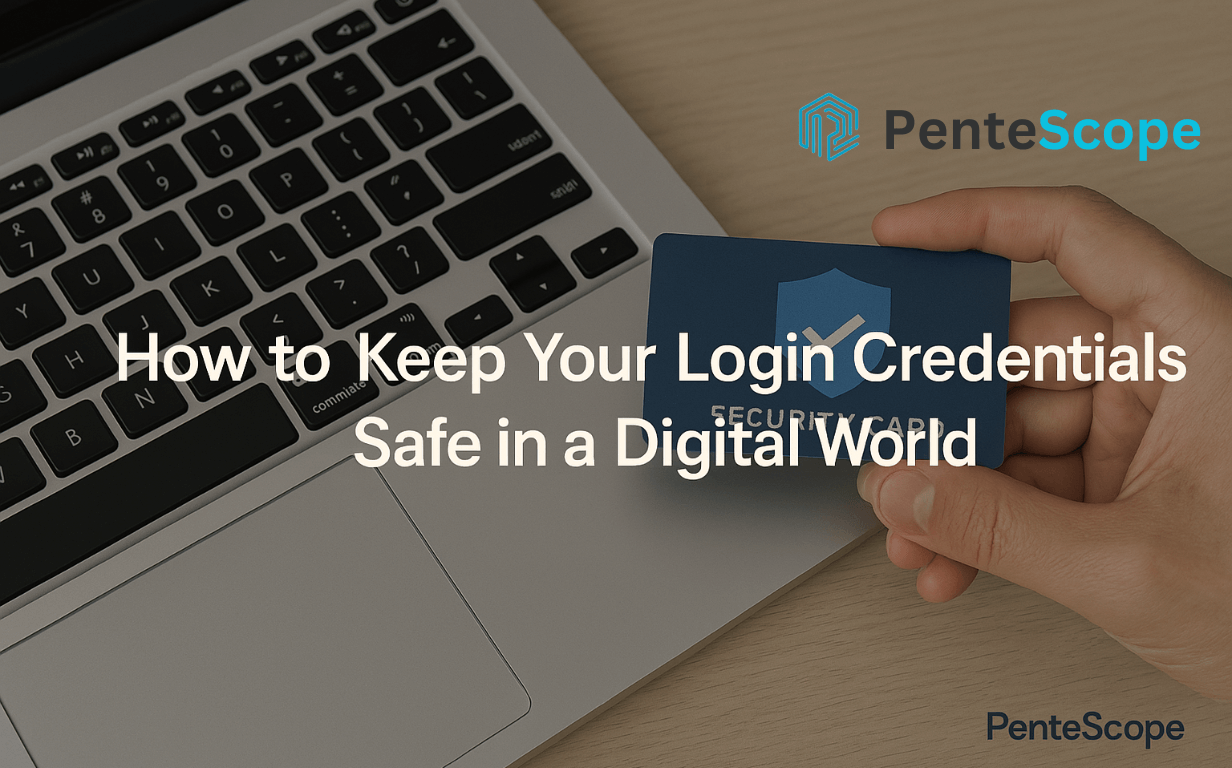 How to Keep Your Login Credentials Safe in a Digital World A person with a blue security card over a laptop keyboard, labeled "Security Card," promoting online credential safety and How to Keep Your Login Credentials Safe by PenteScope.